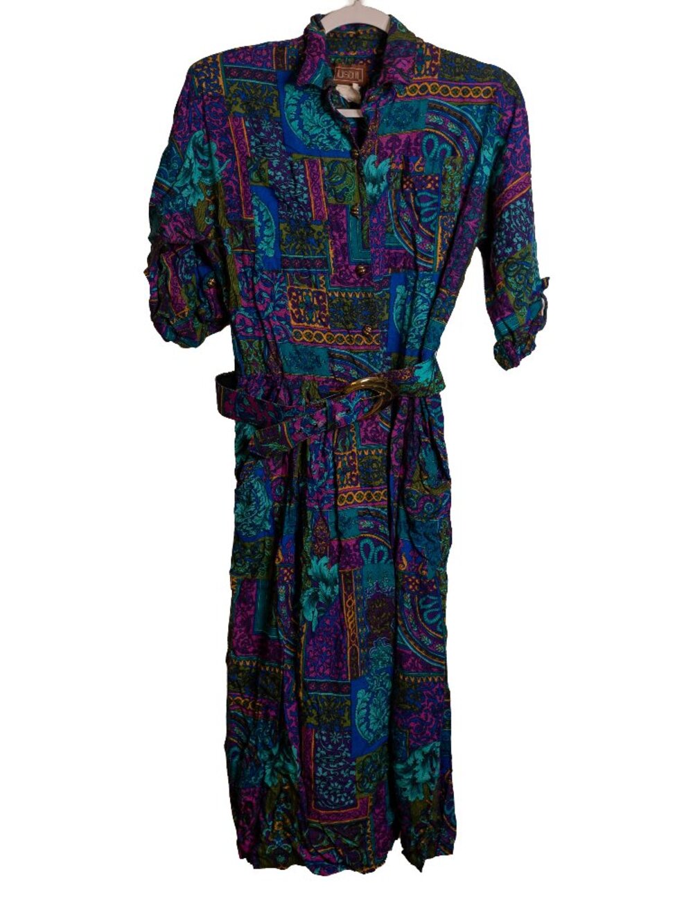 Vintage 80s 90s Lisa II Collar Midi Dress w/ Belt / Pattern Design / M-L